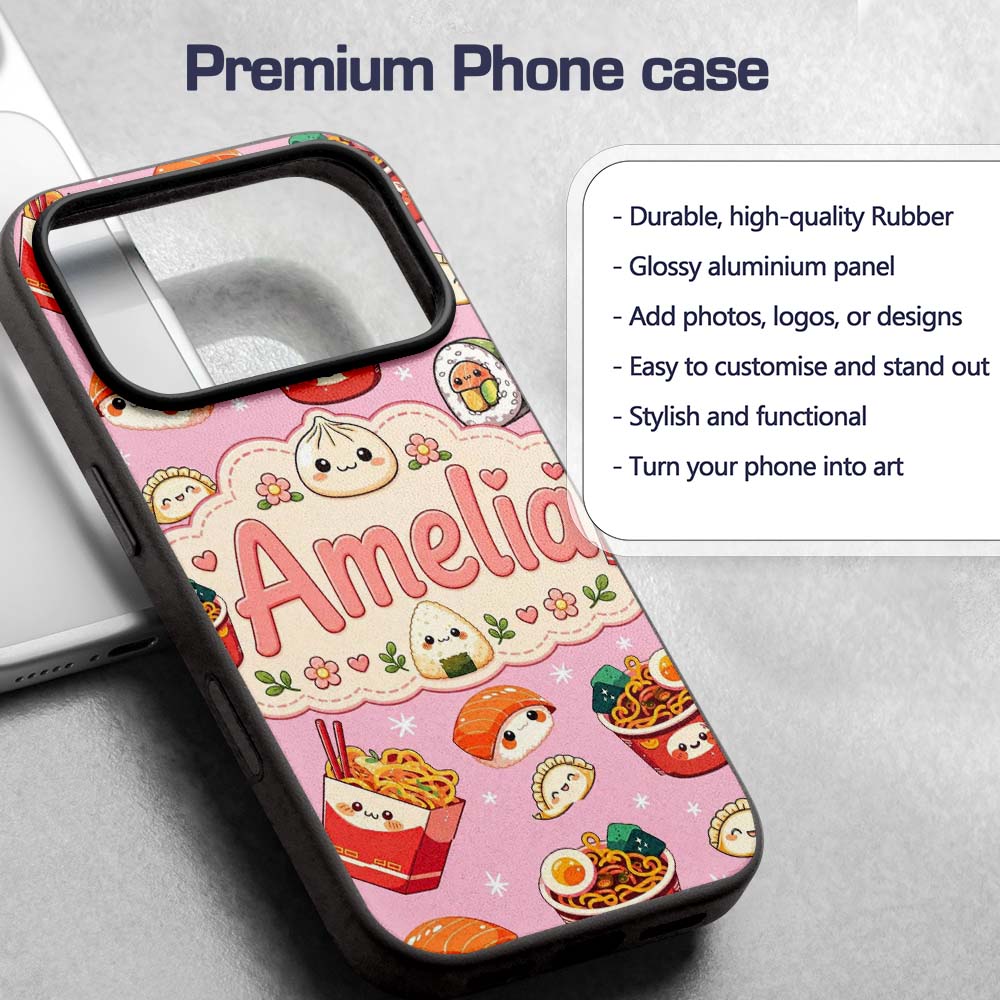Kawaii Sushi Ramen Dumpling Asian Food Seamless Custom Name Protective Phone Case Mobile Cover Durable Everyday Smartphone Shock Resistant