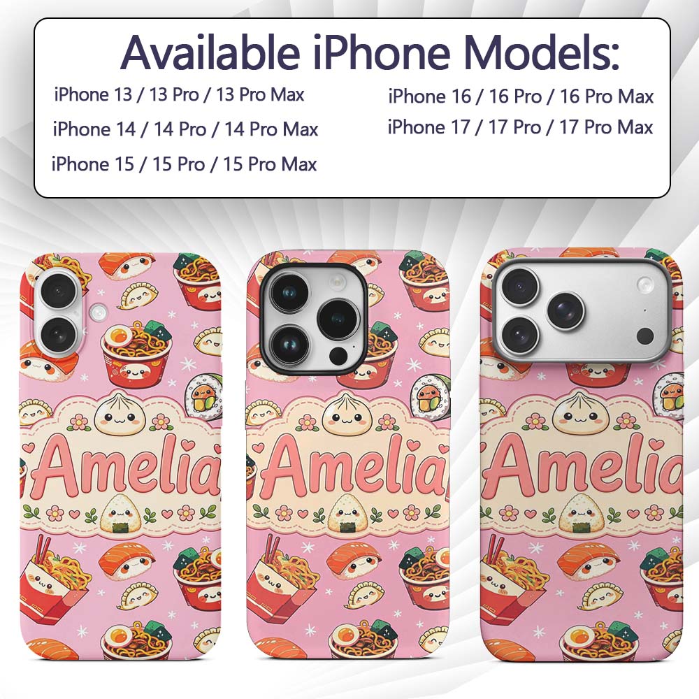 Kawaii Sushi Ramen Dumpling Asian Food Seamless Custom Name Protective Phone Case Mobile Cover Durable Everyday Smartphone Shock Resistant