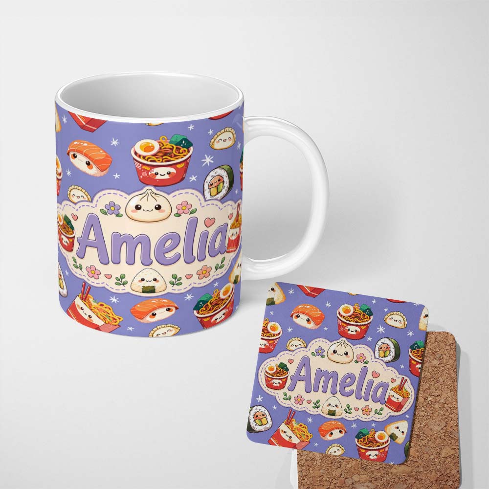 Personalized Custom Name Kawaii Sushi Ramen Dumpling Asian Food Seamless Pattern Lavender 11oz Ceramic Coffee Tea Mug White Large Handle