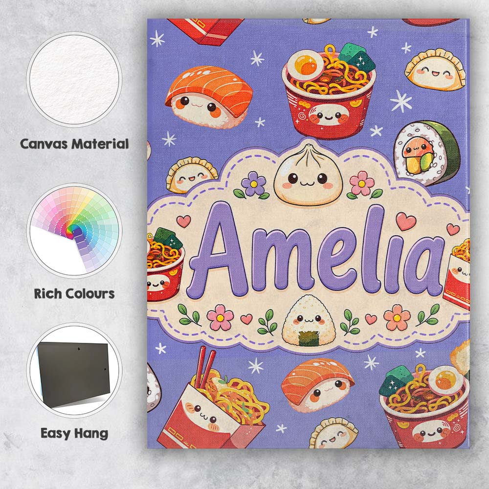 Personalised Name Kawaii Sushi Ramen Custom Premium Decorative Design Modern Room Accent Canvas Wall Art Print Decor Picture Ready to Hang