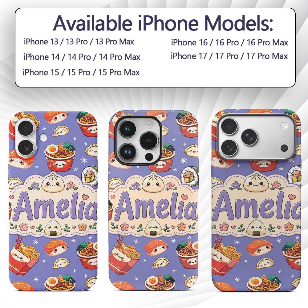 Kawaii Sushi Ramen Dumpling Asian Food Seamless Custom Name Protective Phone Case Mobile Cover Durable Everyday Smartphone Shock Resistant