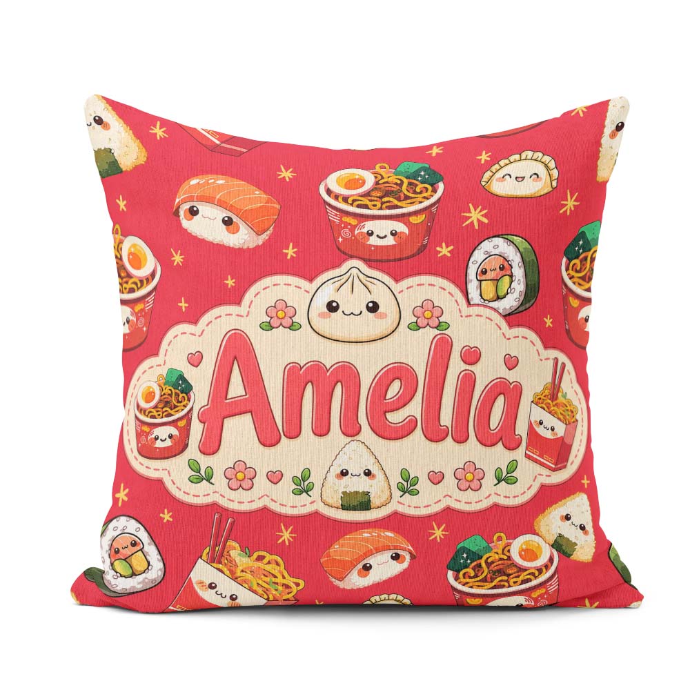 Custom Name Sushi Ramen Dumpling Asian Food Seamless Pattern Red Square Filled Cushion Throw Pillow Sofa Bed Home Decor Zip Washable UK Made