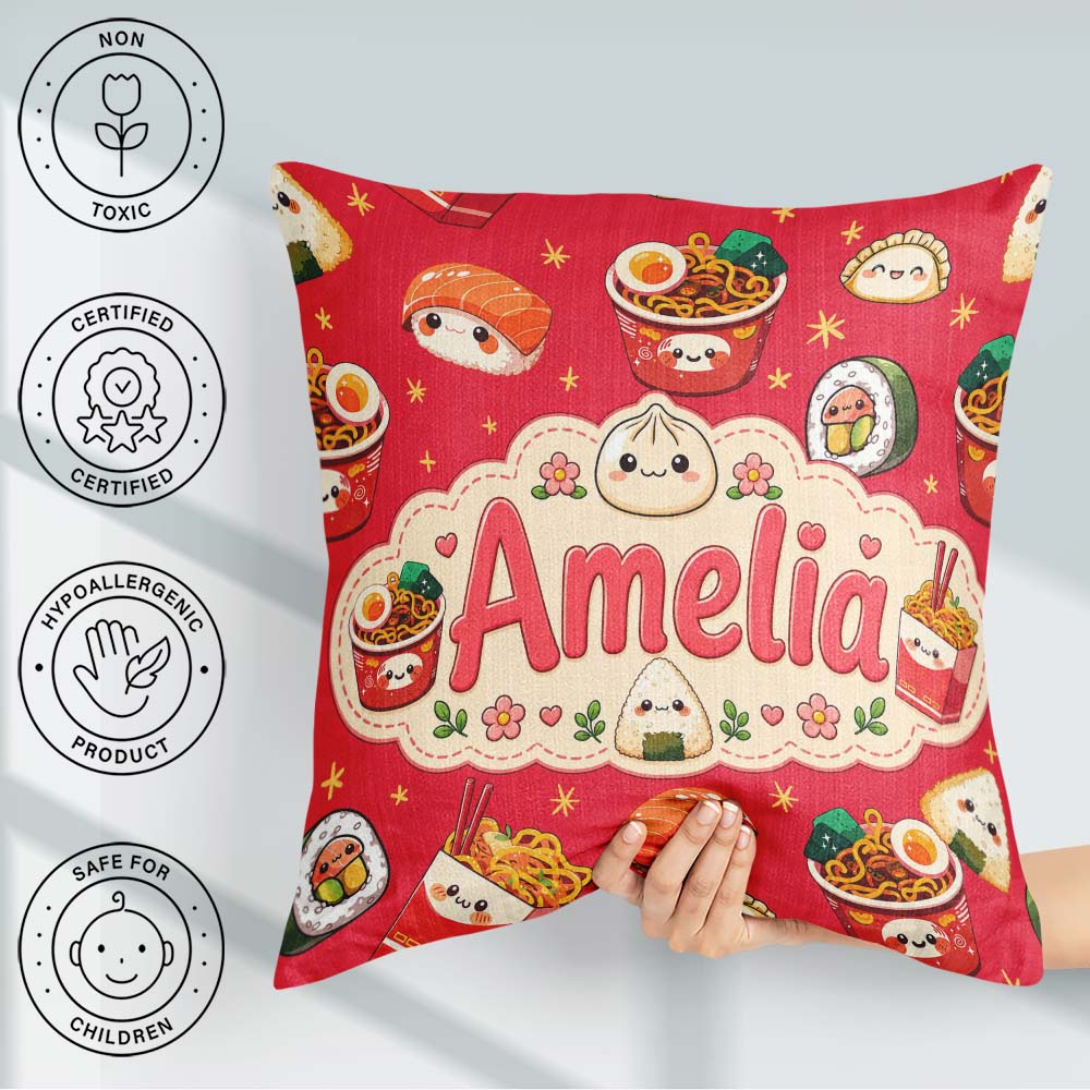 Custom Name Sushi Ramen Dumpling Asian Food Seamless Pattern Red Square Filled Cushion Throw Pillow Sofa Bed Home Decor Zip Washable UK Made