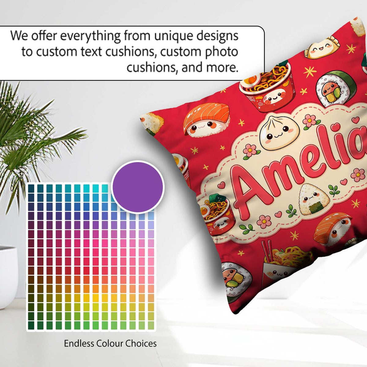 Custom Name Sushi Ramen Dumpling Asian Food Seamless Pattern Red Square Filled Cushion Throw Pillow Sofa Bed Home Decor Zip Washable UK Made