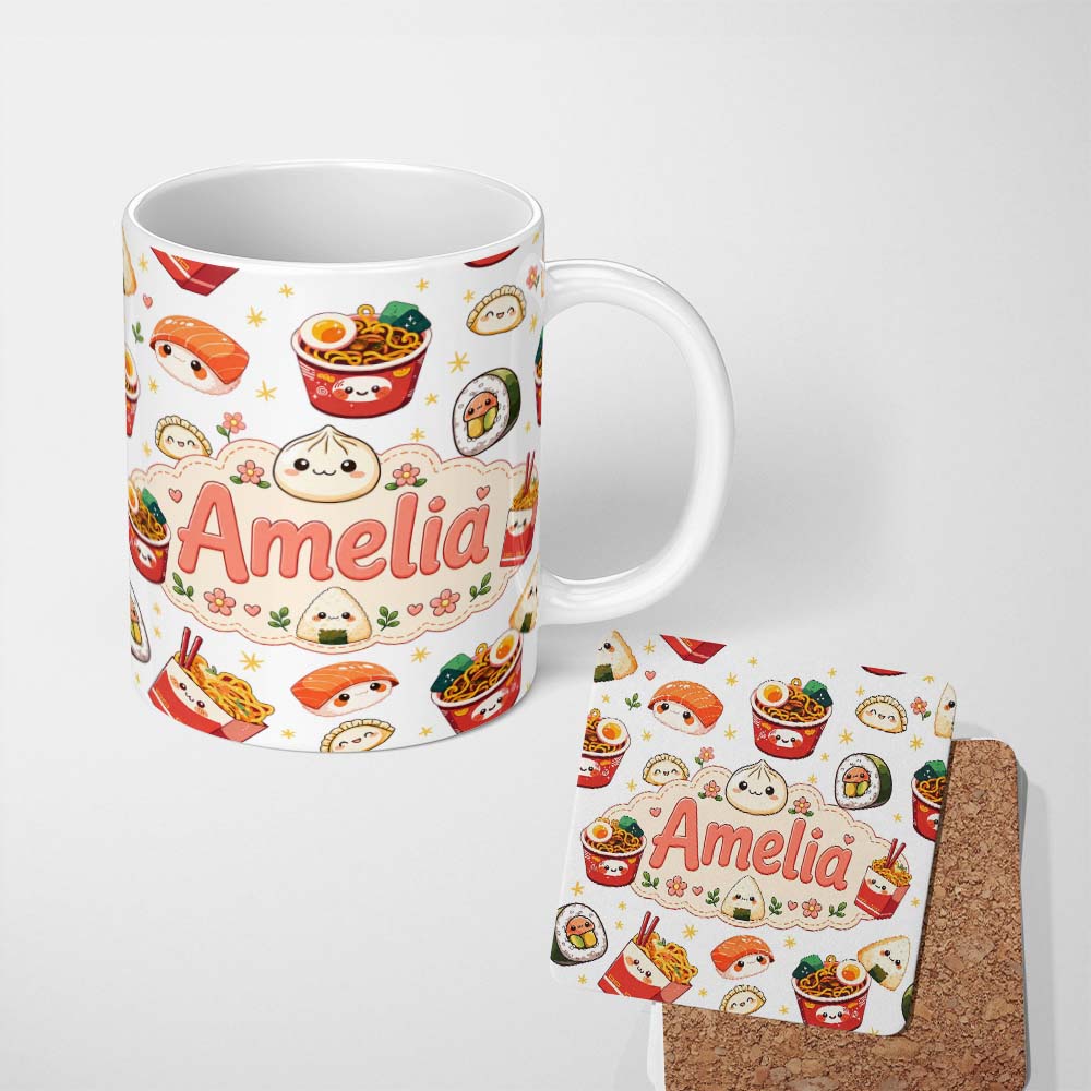 Personalized Custom Name Kawaii Sushi Ramen Dumpling Asian Food Seamless Pattern Light Grey 11oz Ceramic Coffee Tea Mug White Large Handle
