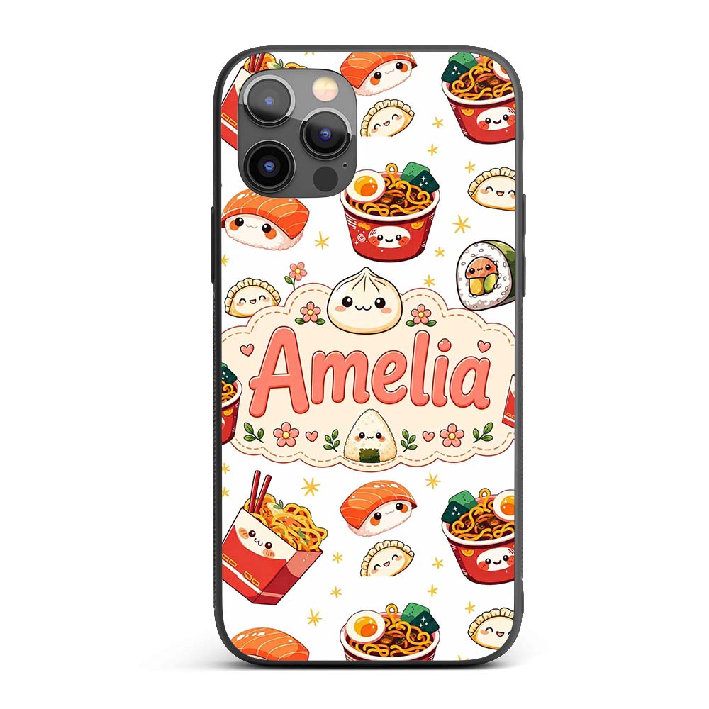 Kawaii Sushi Ramen Dumpling Asian Food Seamless Custom Name Protective Phone Case Mobile Cover Durable Everyday Smartphone Shock Resistant