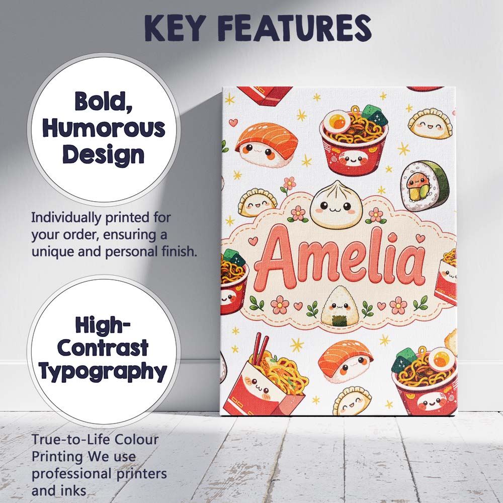 Personalised Name Kawaii Sushi Ramen Custom Premium Decorative Design Modern Room Accent Canvas Wall Art Print Decor Picture Ready to Hang