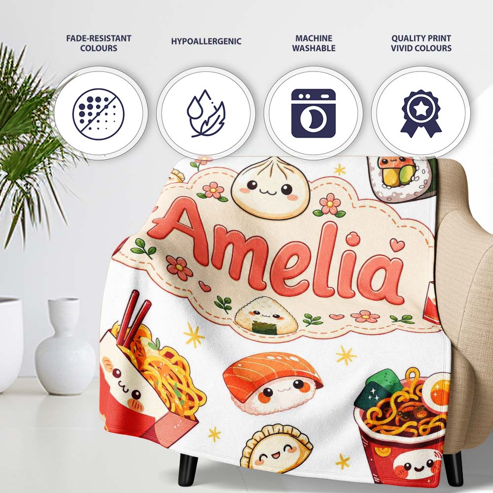 Kawaii Sushi Ramen Dumpling Asian Food Seamless Pattern Light Grey Personalised Custom Name Super Soft Fleece Blanket Bed Sofa Throw