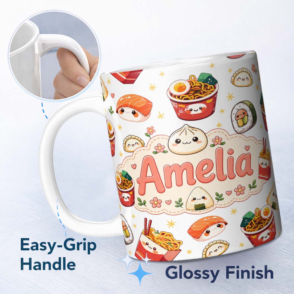 Personalized Custom Name Kawaii Sushi Ramen Dumpling Asian Food Seamless Pattern Light Grey 11oz Ceramic Coffee Tea Mug White Large Handle