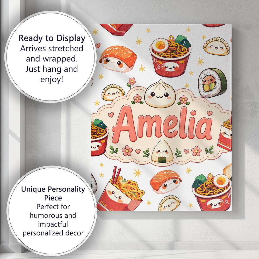 Personalised Name Kawaii Sushi Ramen Custom Premium Decorative Design Modern Room Accent Canvas Wall Art Print Decor Picture Ready to Hang