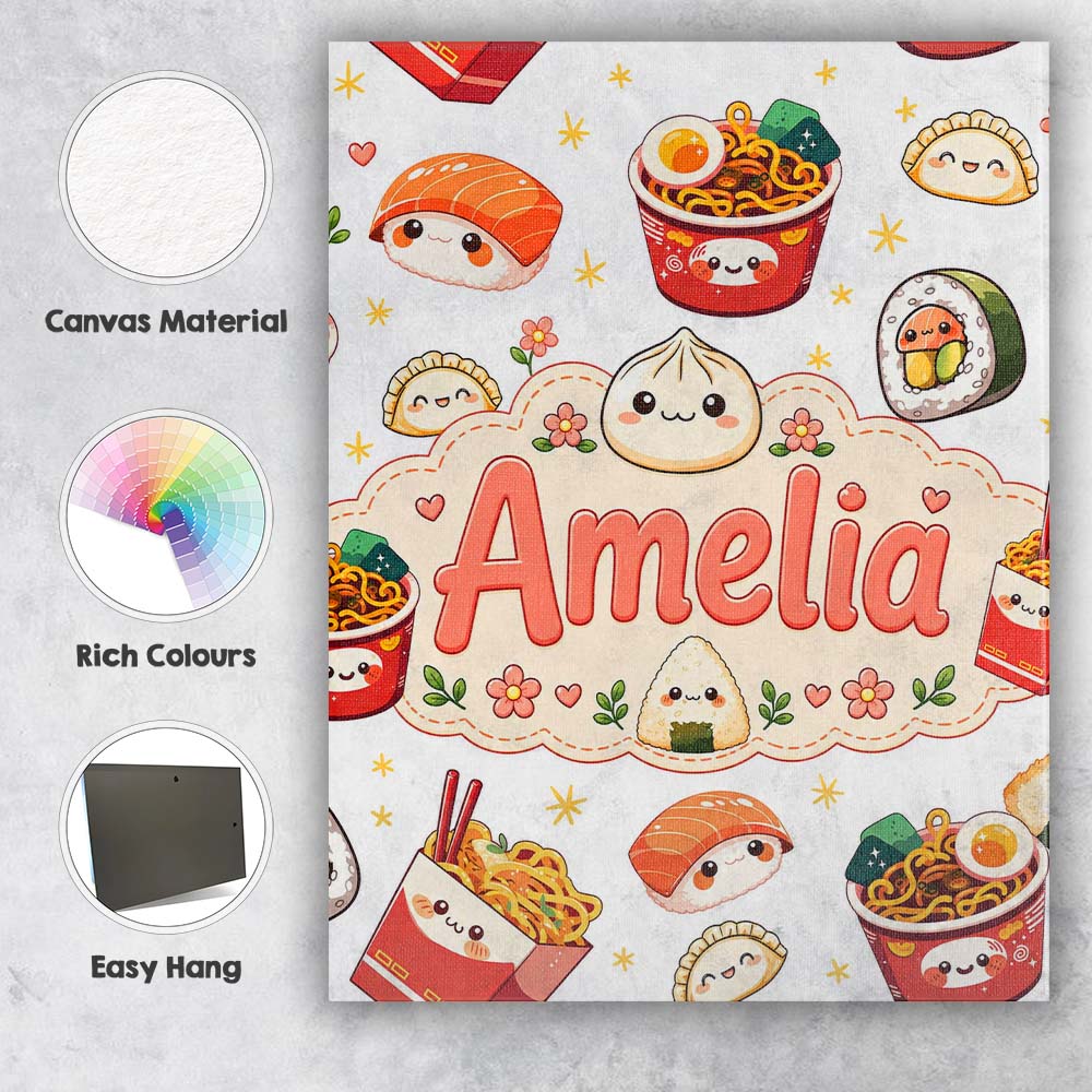 Personalised Name Kawaii Sushi Ramen Custom Premium Decorative Design Modern Room Accent Canvas Wall Art Print Decor Picture Ready to Hang