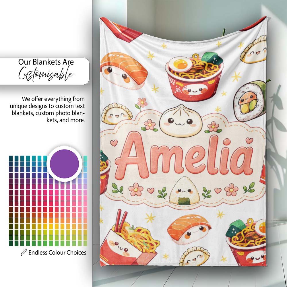 Kawaii Sushi Ramen Dumpling Asian Food Seamless Pattern Light Grey Personalised Custom Name Super Soft Fleece Blanket Bed Sofa Throw