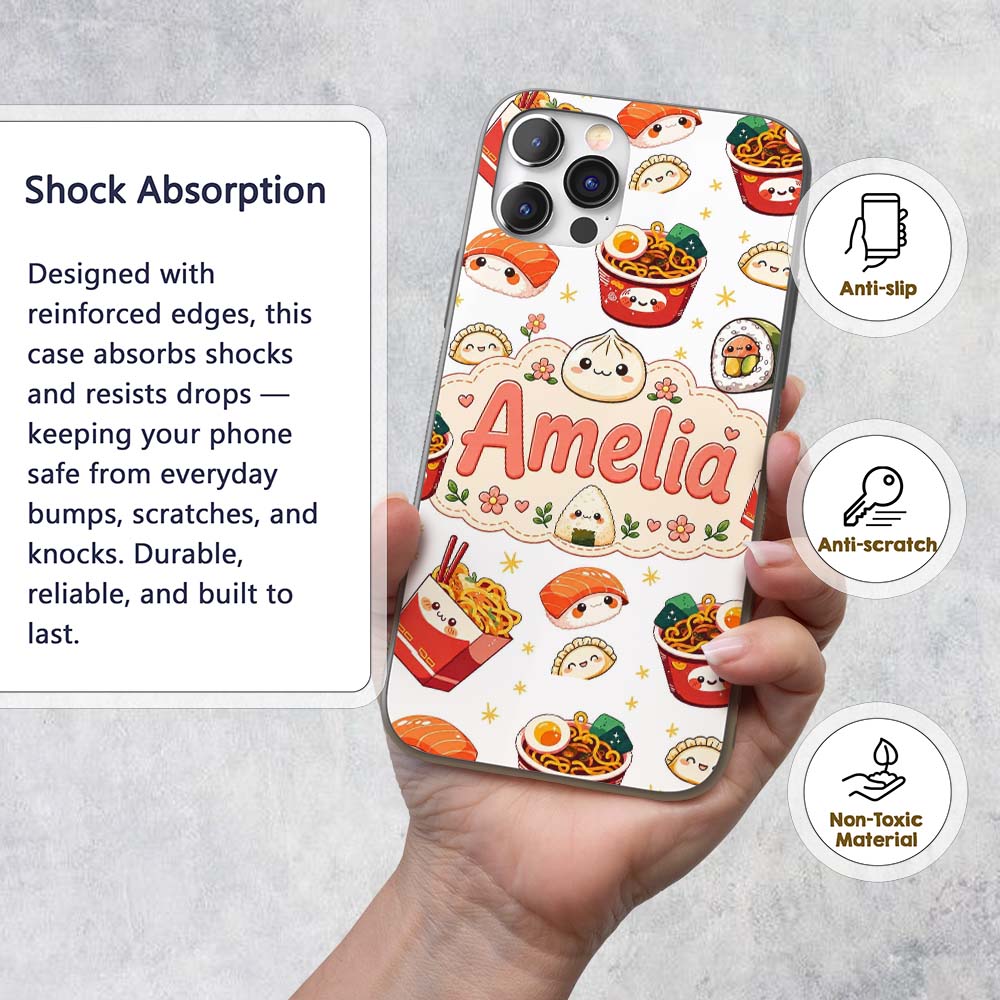 Kawaii Sushi Ramen Dumpling Asian Food Seamless Custom Name Protective Phone Case Mobile Cover Durable Everyday Smartphone Shock Resistant