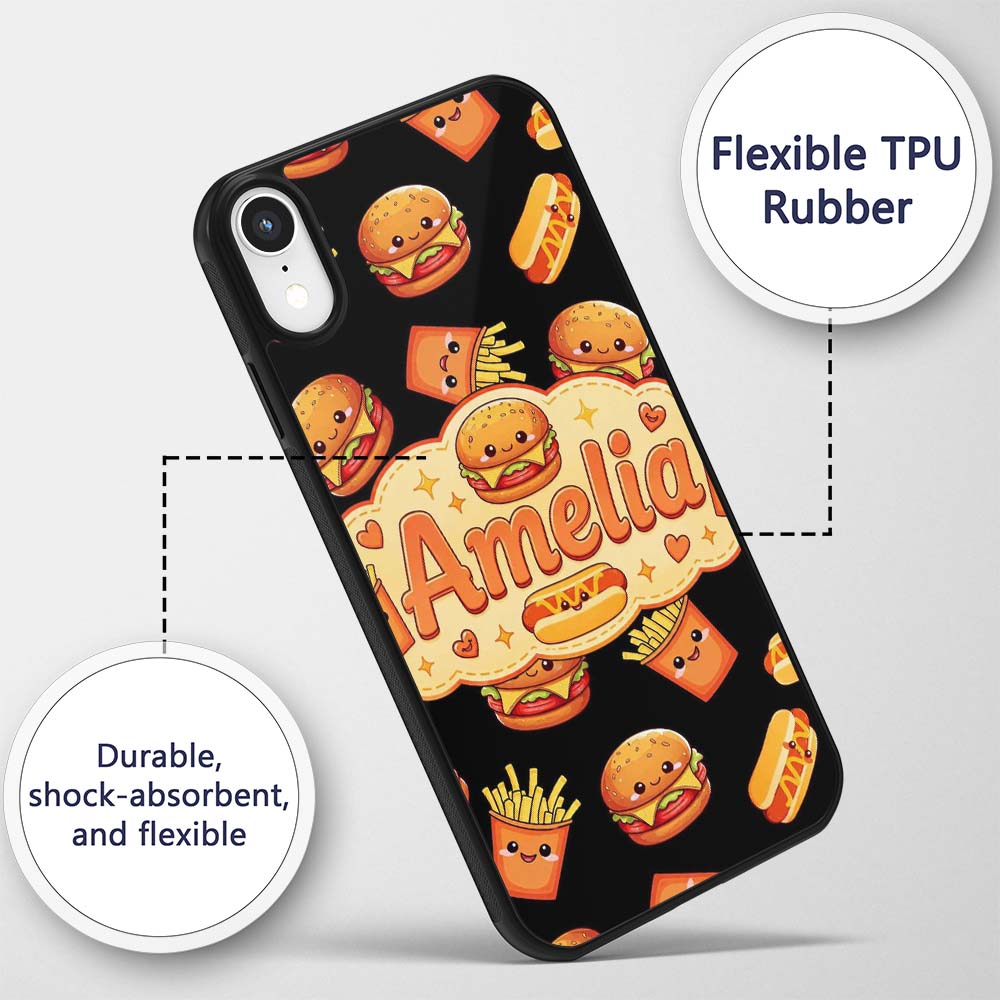 Cute Kawaii Burger Fries Hotdog Printed Design Custom Name Protective Phone Case Mobile Cover Durable Everyday Smartphone Shock Resistant