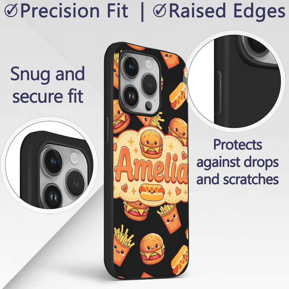 Cute Kawaii Burger Fries Hotdog Printed Design Custom Name Protective Phone Case Mobile Cover Durable Everyday Smartphone Shock Resistant