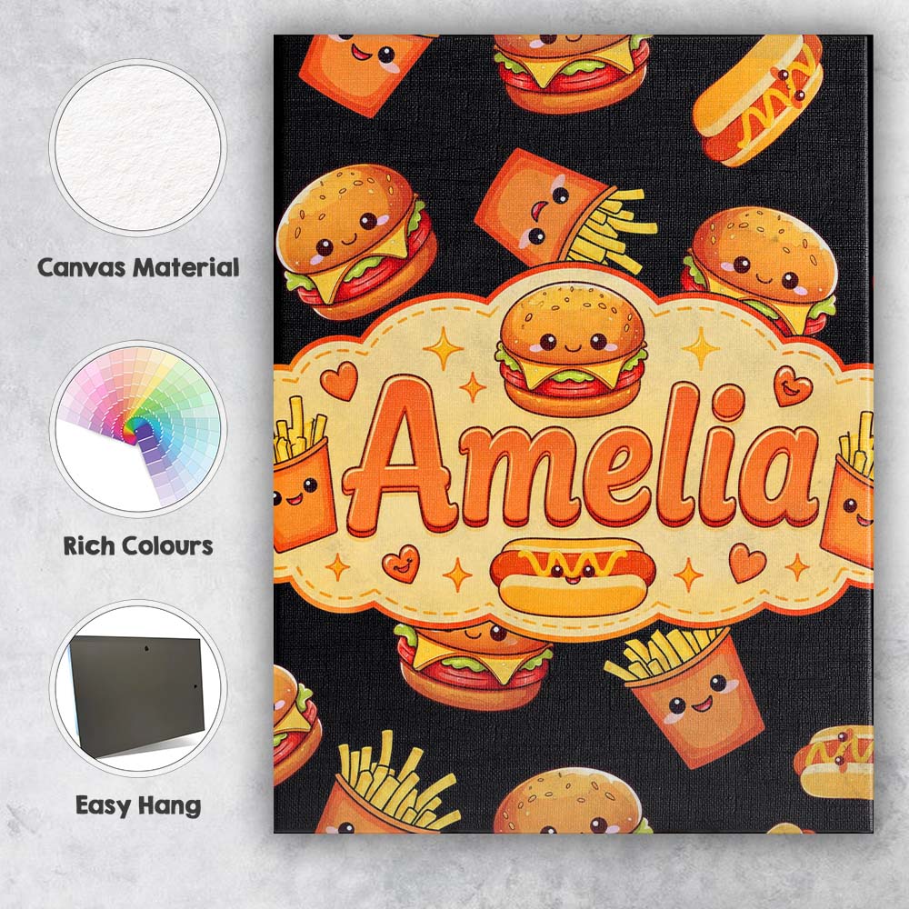 Personalised Name Cute Kawaii Burger Fries Custom Unique Gift Idea Elegant Feature Canvas Wall Art Print Decor Picture Ready to Hang