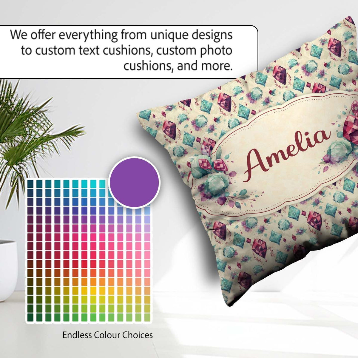 Custom Name Colorful Confetti Gemstone Background Playful Design Square Filled Cushion Throw Pillow Sofa Bed Home Decor Zip Washable UK Made