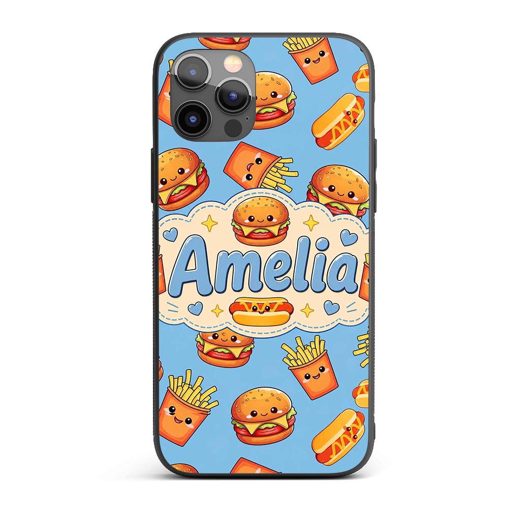 Cute Kawaii Burger Fries Hotdog Printed Design Custom Name Protective Phone Case Mobile Cover Durable Everyday Smartphone Shock Resistant