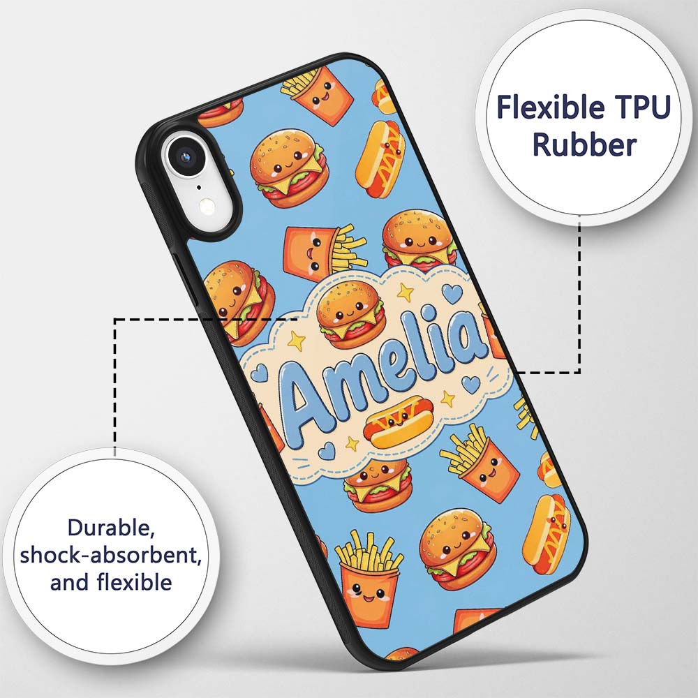 Cute Kawaii Burger Fries Hotdog Printed Design Custom Name Protective Phone Case Mobile Cover Durable Everyday Smartphone Shock Resistant