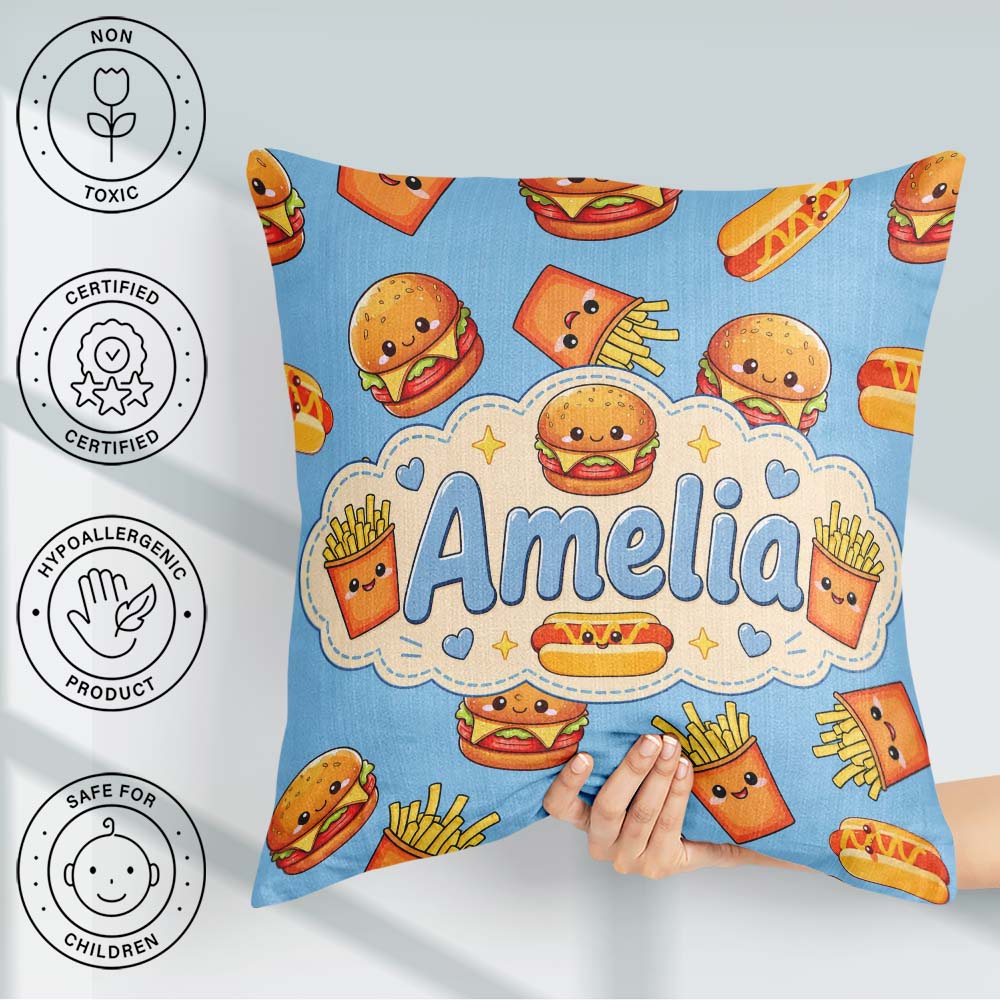 Custom Name Kawaii Burger Hotdog Fast Food Seamless Pattern Blue Square Filled Cushion Throw Pillow Sofa Bed Home Decor Zip Washable UK Made
