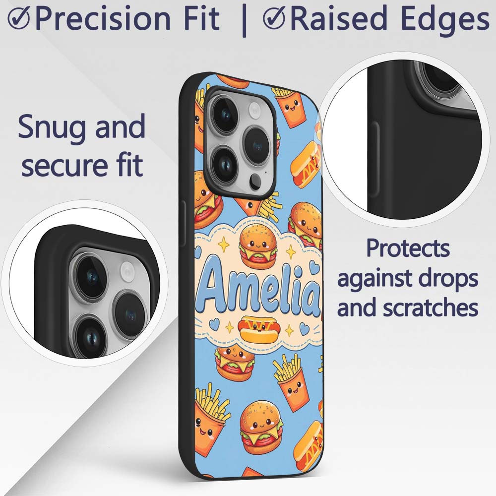 Cute Kawaii Burger Fries Hotdog Printed Design Custom Name Protective Phone Case Mobile Cover Durable Everyday Smartphone Shock Resistant