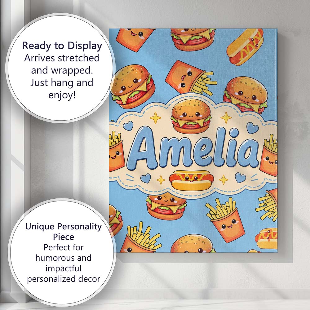 Personalised Name Cute Kawaii Burger Fries Custom Unique Gift Idea Elegant Feature Canvas Wall Art Print Decor Picture Ready to Hang