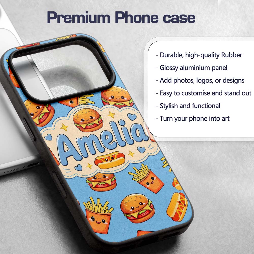 Cute Kawaii Burger Fries Hotdog Printed Design Custom Name Protective Phone Case Mobile Cover Durable Everyday Smartphone Shock Resistant