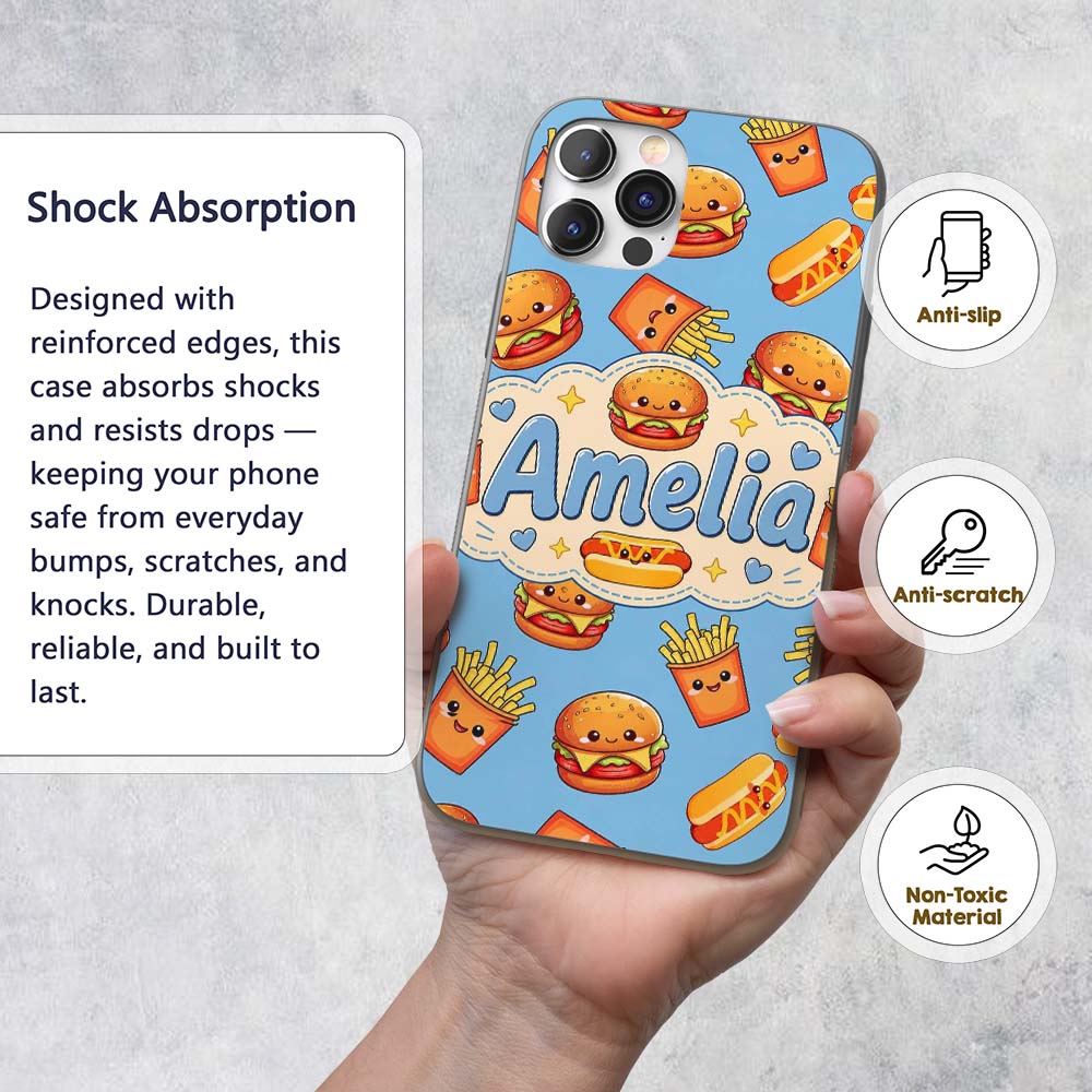 Cute Kawaii Burger Fries Hotdog Printed Design Custom Name Protective Phone Case Mobile Cover Durable Everyday Smartphone Shock Resistant