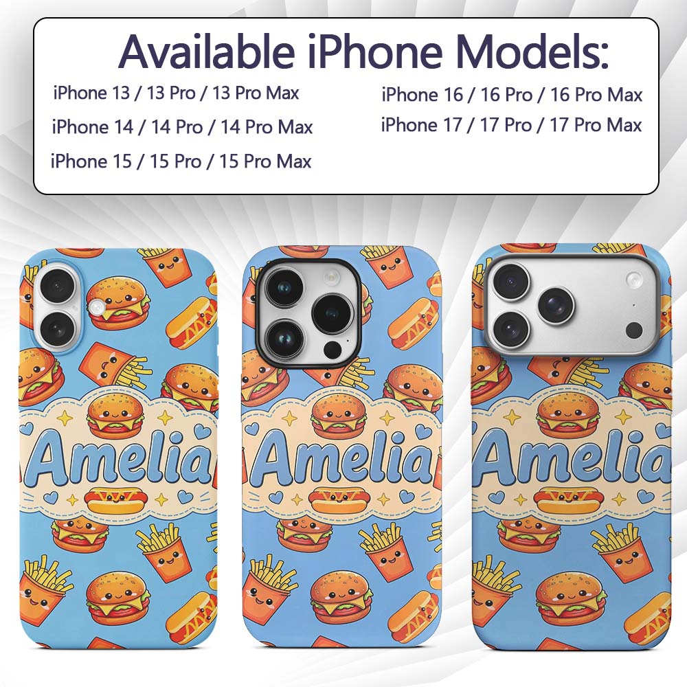 Cute Kawaii Burger Fries Hotdog Printed Design Custom Name Protective Phone Case Mobile Cover Durable Everyday Smartphone Shock Resistant