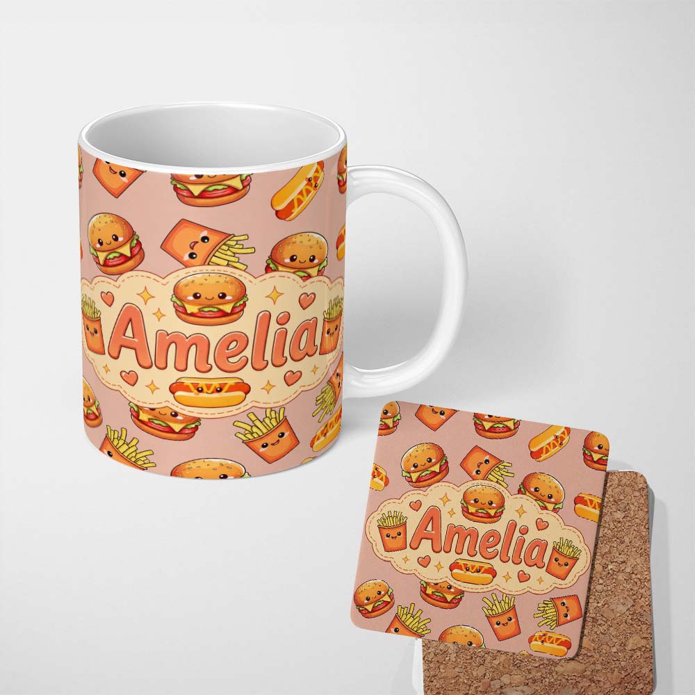 Personalized Custom Name Cute Kawaii Burger Fries Hotdog Fast Food Seamless Pattern Beige 11oz Ceramic Coffee Tea Mug White Large Handle