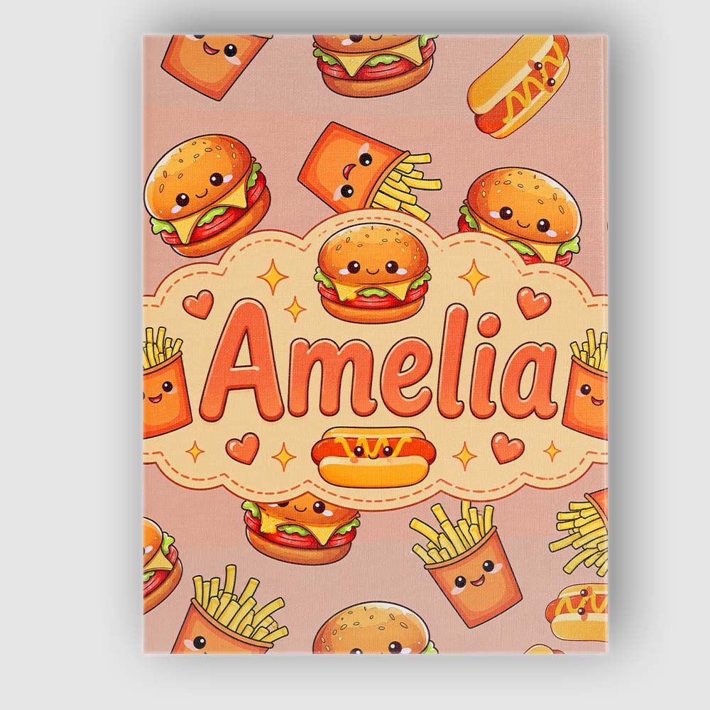 Personalised Name Cute Kawaii Burger Fries Custom Unique Gift Idea Elegant Feature Canvas Wall Art Print Decor Picture Ready to Hang