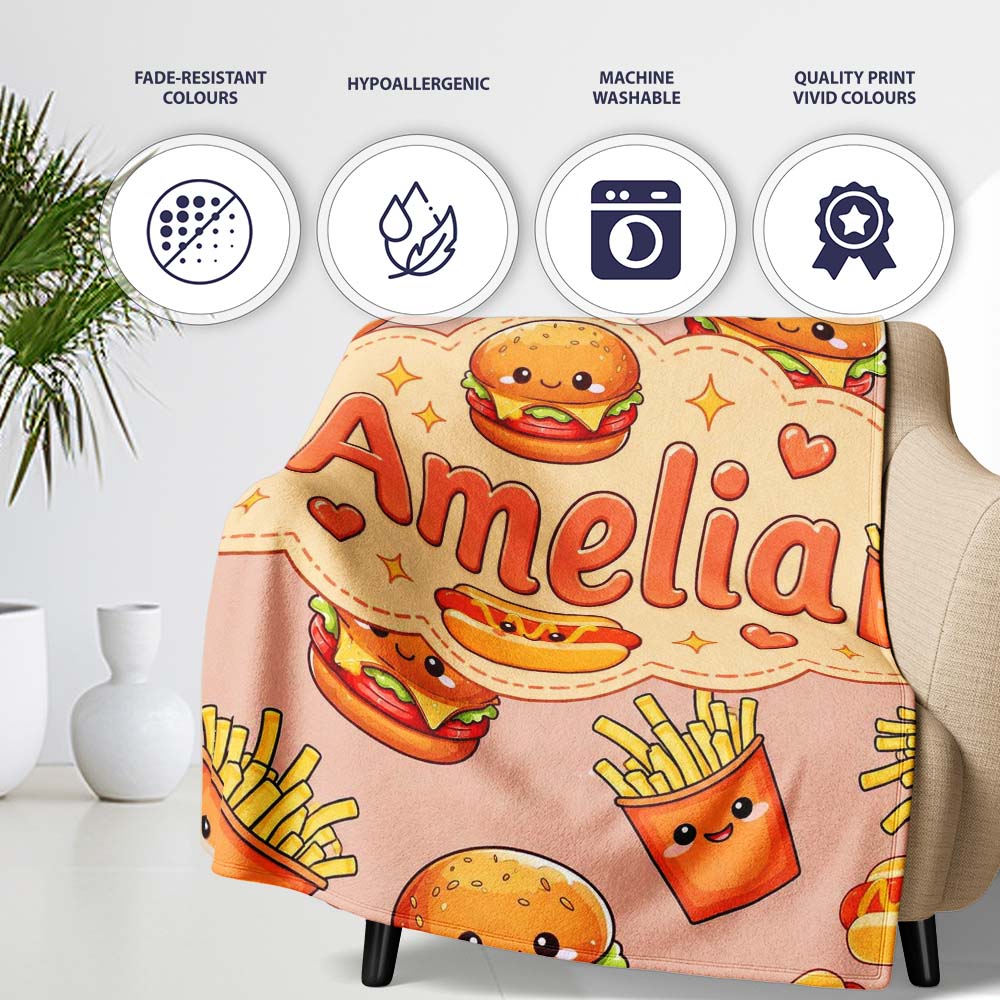 Cute Kawaii Burger Fries Hotdog Fast Food Seamless Pattern Beige Personalised Custom Name Super Soft Fleece Blanket Bed Sofa Throw