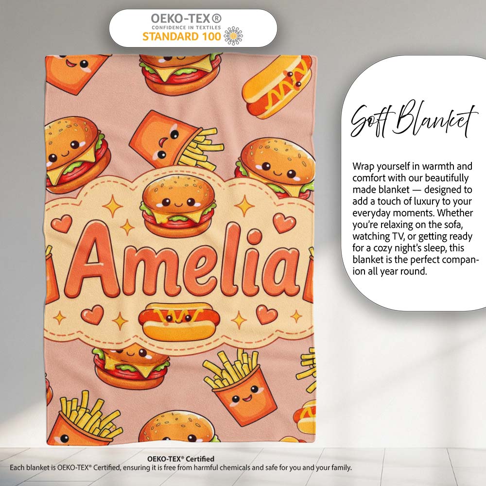 Cute Kawaii Burger Fries Hotdog Fast Food Seamless Pattern Beige Personalised Custom Name Super Soft Fleece Blanket Bed Sofa Throw