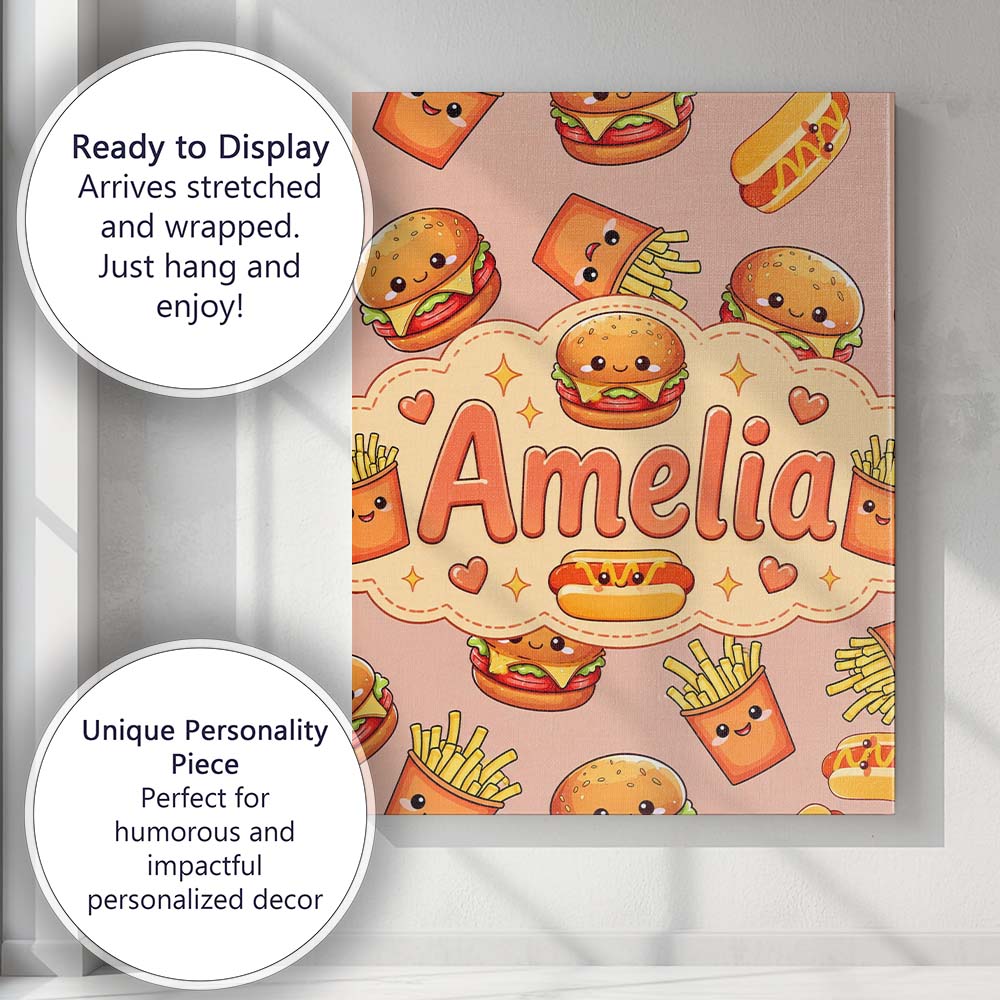 Personalised Name Cute Kawaii Burger Fries Custom Unique Gift Idea Elegant Feature Canvas Wall Art Print Decor Picture Ready to Hang
