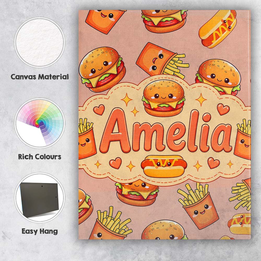 Personalised Name Cute Kawaii Burger Fries Custom Unique Gift Idea Elegant Feature Canvas Wall Art Print Decor Picture Ready to Hang