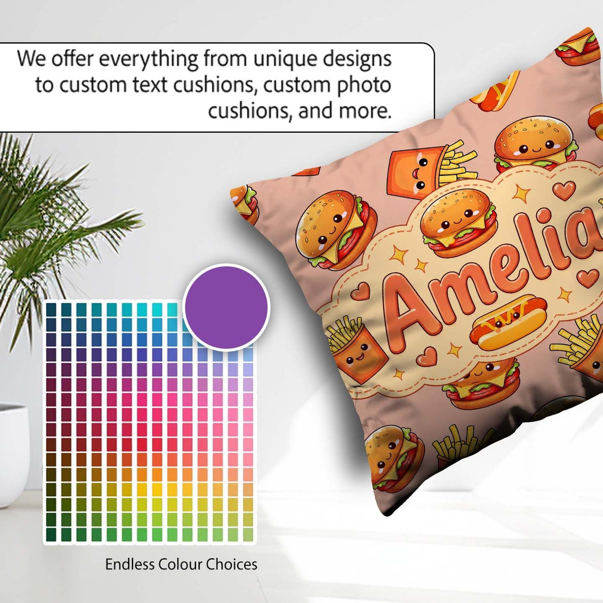 Custom Name Kawaii Burger Fries Fast Food Seamless Pattern Beige Square Filled Cushion Throw Pillow Sofa Bed Home Decor Zip Washable UK Made