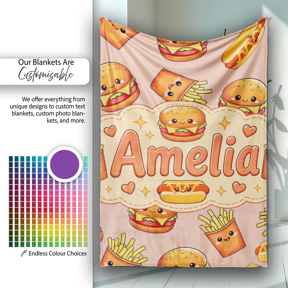 Cute Kawaii Burger Fries Hotdog Fast Food Seamless Pattern Beige Personalised Custom Name Super Soft Fleece Blanket Bed Sofa Throw