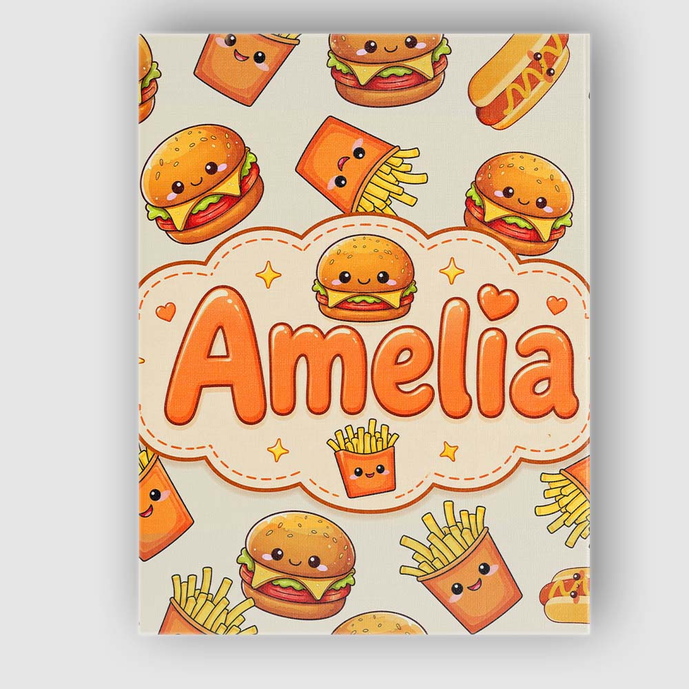 Personalised Name Kawaii Burger Fries Custom Modern Room Accent Creative Decorator Style Canvas Wall Art Print Decor Picture Ready to Hang