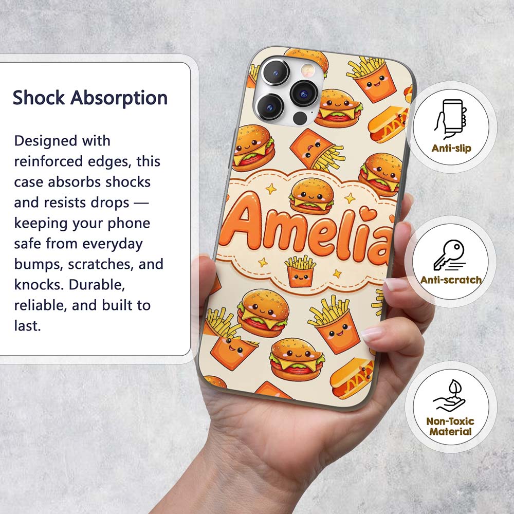Kawaii Burger Fries Hotdog Fast Food Seamless Custom Name Protective Phone Case Mobile Cover Durable Everyday Smartphone Shock Resistant