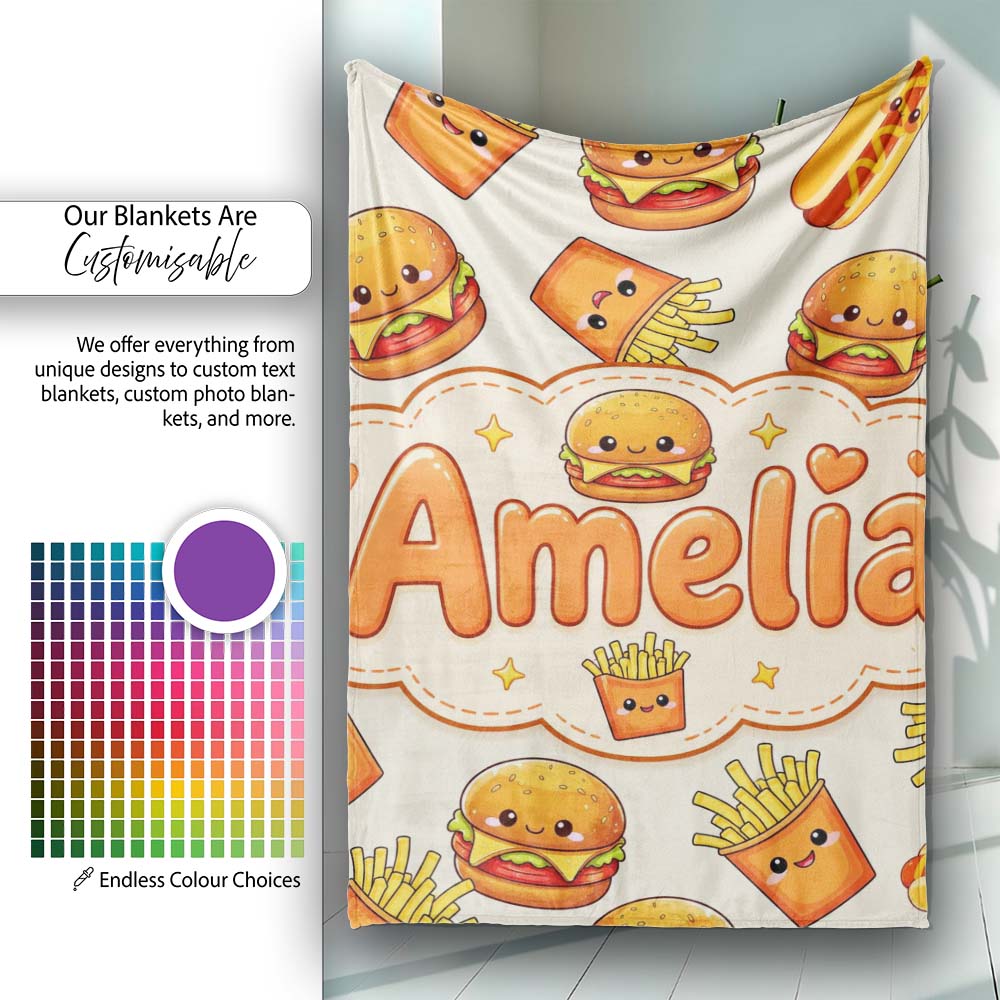 Kawaii Burger Fries Hotdog Fast Food Seamless Pattern Light Cream Personalised Custom Name Super Soft Fleece Blanket Bed Sofa Throw