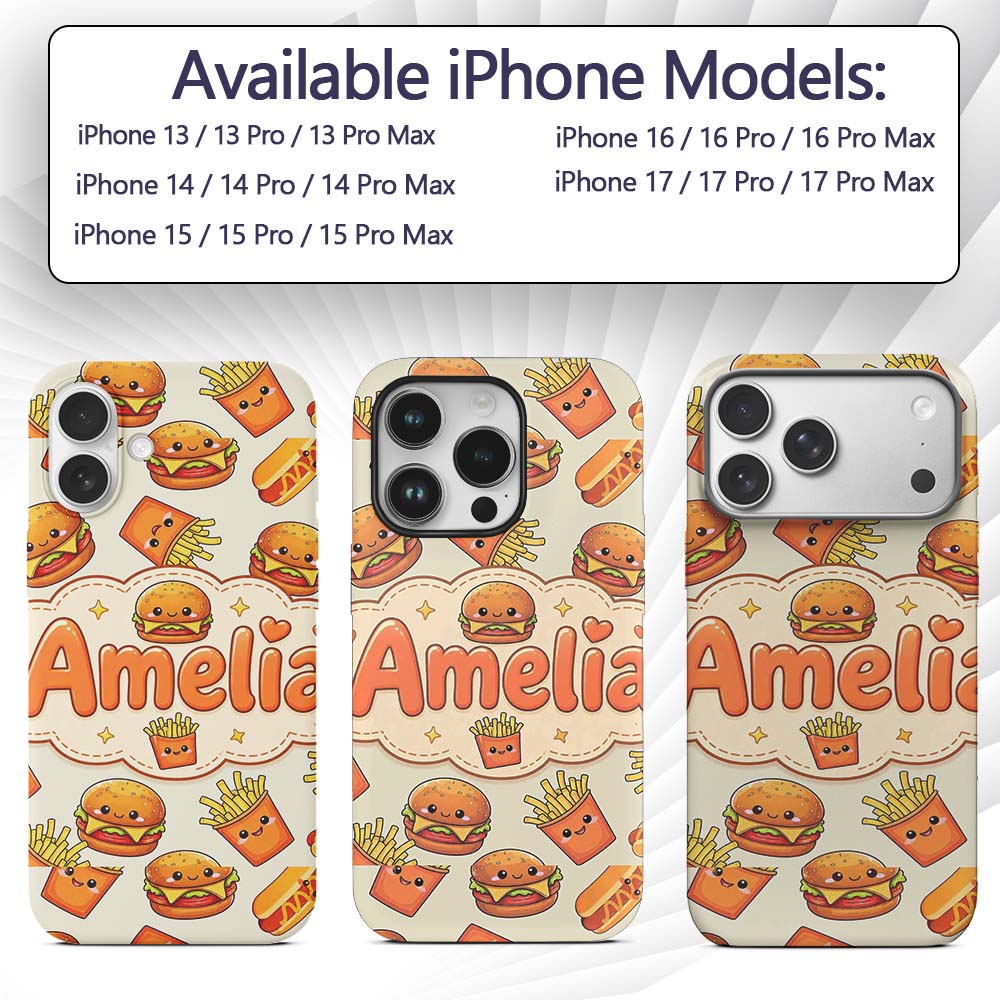 Kawaii Burger Fries Hotdog Fast Food Seamless Custom Name Protective Phone Case Mobile Cover Durable Everyday Smartphone Shock Resistant