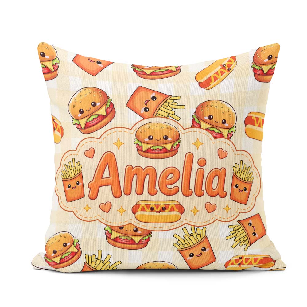 Custom Name Kawaii Burger Fries Hotdog Fast Food Pattern Gingham Square Filled Cushion Throw Pillow Sofa Bed Home Decor Zip Washable UK Made