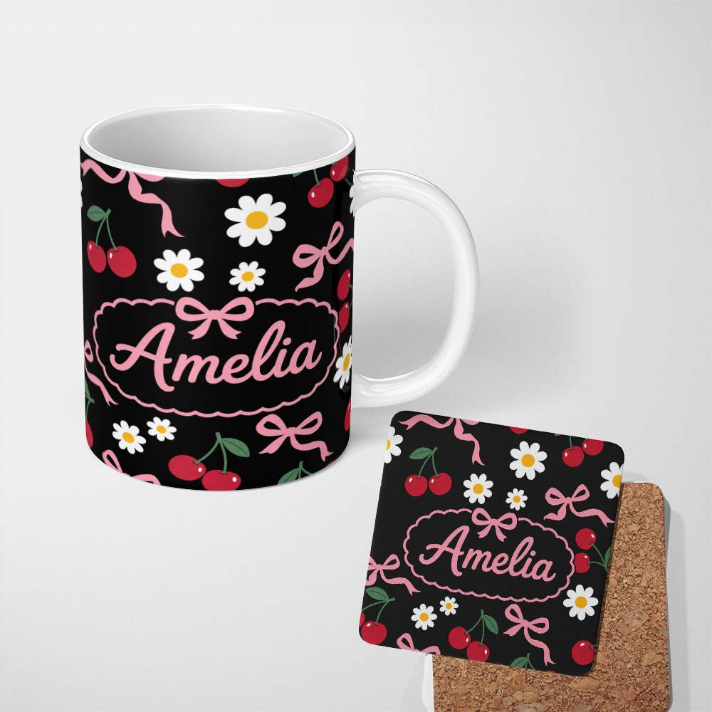 Personalized Custom Name Cute Cherry Bow and Daisy Seamless Pattern on White Grey Lovely 11oz Ceramic Coffee Tea Mug White Large Handle