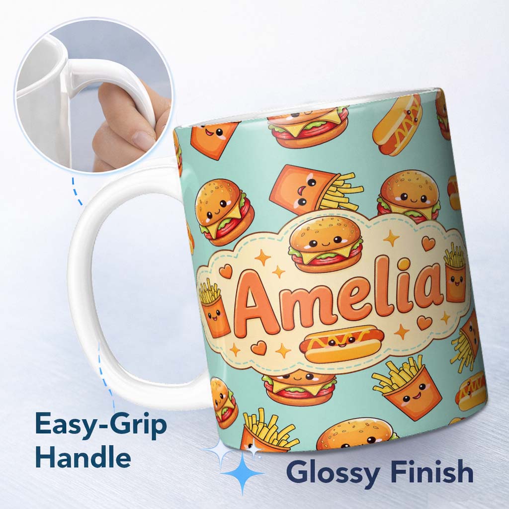 Personalized Custom Name Cute Kawaii Burger Fries Hotdog Fast Food Seamless Pattern Mint 11oz Ceramic Coffee Tea Mug White Large Handle