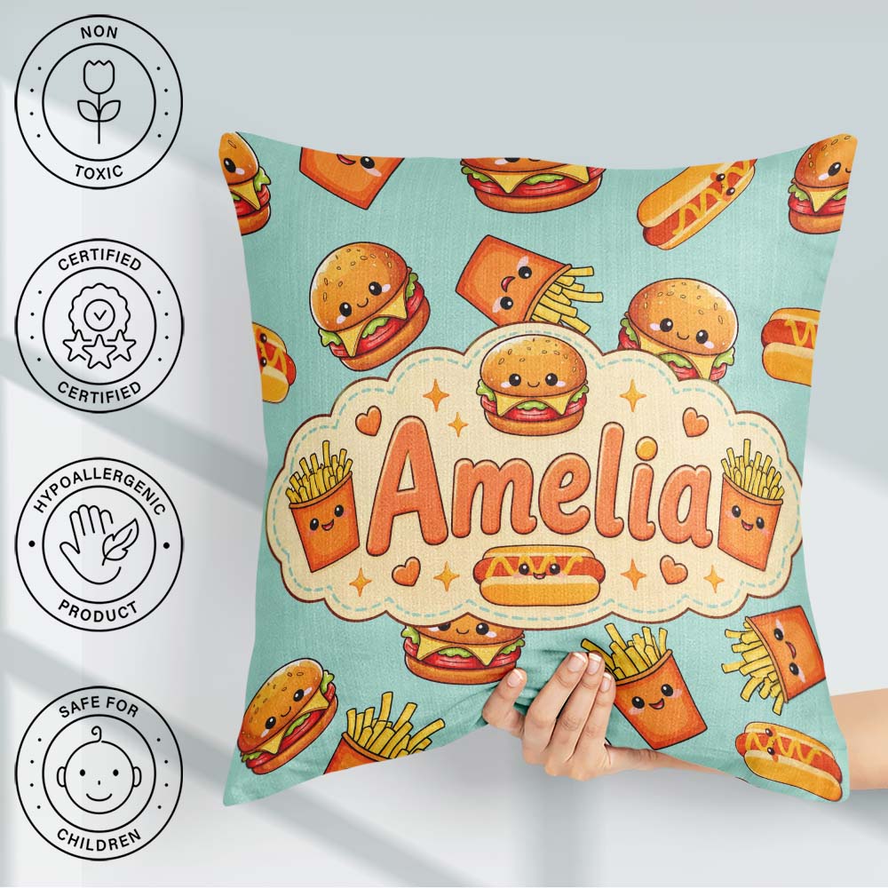 Custom Name Kawaii Burger Hotdog Fast Food Seamless Pattern Mint Square Filled Cushion Throw Pillow Sofa Bed Home Decor Zip Washable UK Made