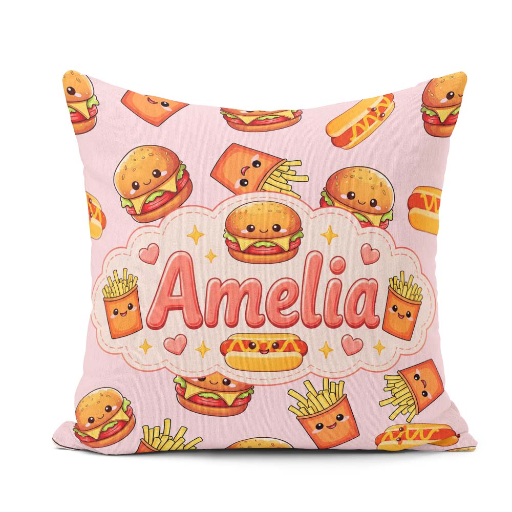 Custom Name Kawaii Burger Hotdog Fast Food Seamless Pattern Soft Square Filled Cushion Throw Pillow Sofa Bed Home Decor Zip Washable UK Made
