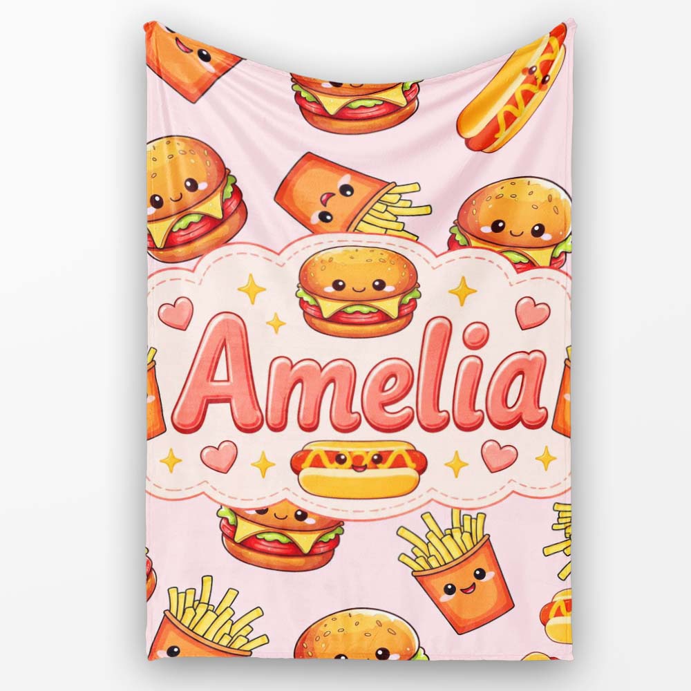 Cute Kawaii Burger Fries Hotdog Fast Food Seamless Pattern Soft Personalised Custom Name Super Soft Fleece Blanket Bed Sofa Throw
