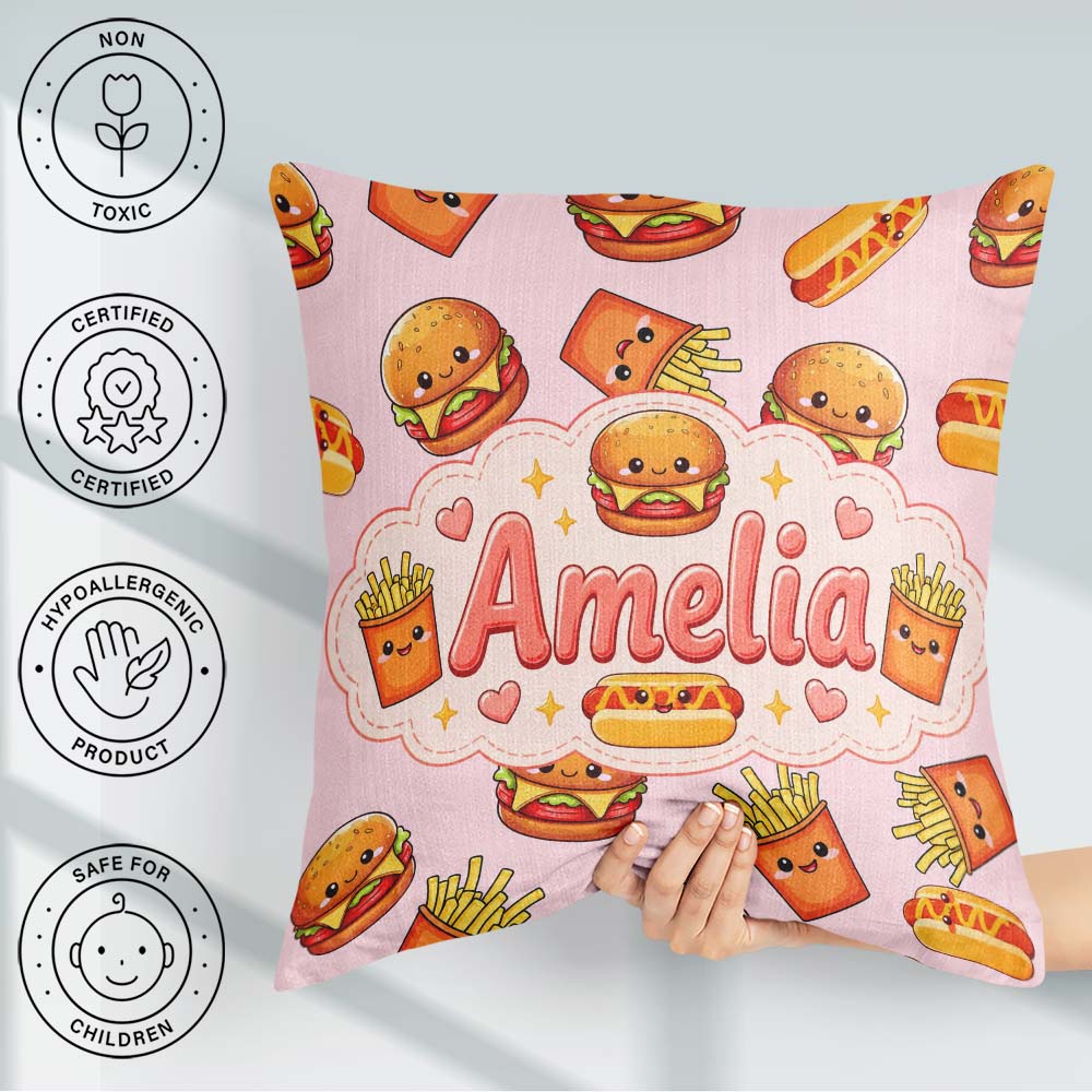 Custom Name Kawaii Burger Hotdog Fast Food Seamless Pattern Soft Square Filled Cushion Throw Pillow Sofa Bed Home Decor Zip Washable UK Made
