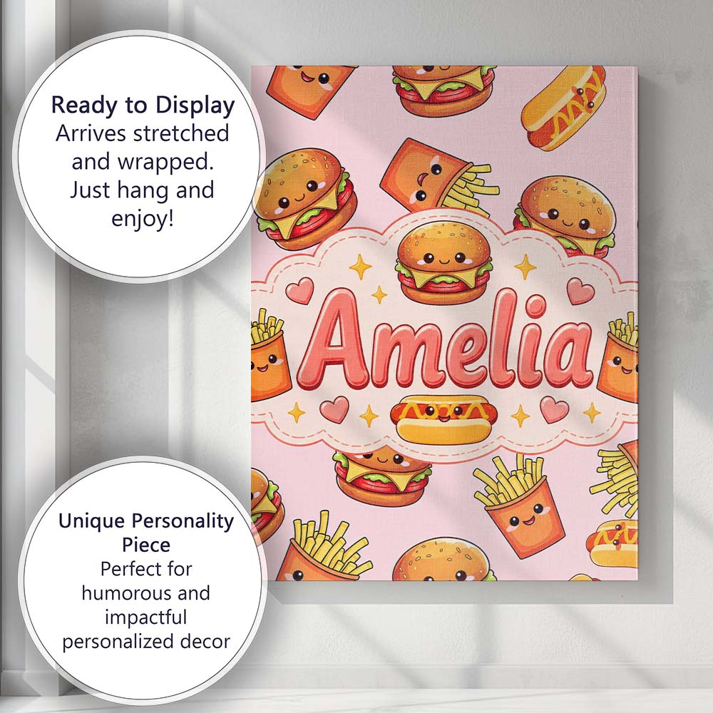 Personalised Name Cute Kawaii Burger Fries Custom Unique Gift Idea Elegant Feature Canvas Wall Art Print Decor Picture Ready to Hang