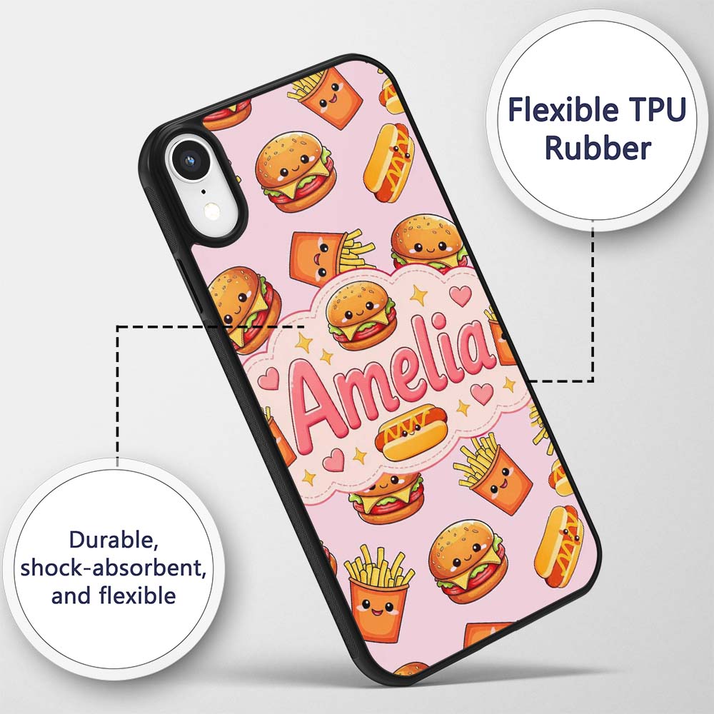 Kawaii Burger Fries Hotdog Fast Food Seamless Custom Name Protective Phone Case Mobile Cover Durable Everyday Smartphone Shock Resistant